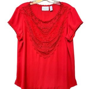 Chicos Blouse Top Womens Size 1 Medium Orange Red Crochet Cap Sleeve Holiday